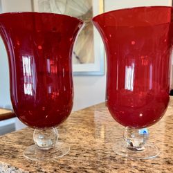 2 - 10” Tall Ruby Red Glass Hurricane Candle Holders 