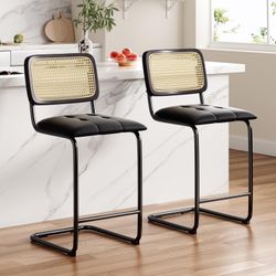 NEW - Counter Height Bar Stools Set of 2, Upholstered PU Leather Barstools with Rattan Back