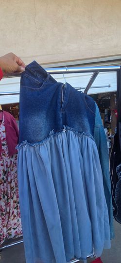 Jean skirts, dress, and purses