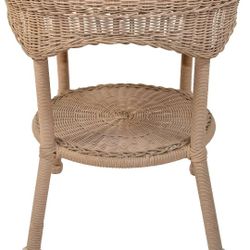 1980s Vintage Mid-Century Modern Round 2-Tier Hand Woven Resin Wicker Metal Drum Side Table