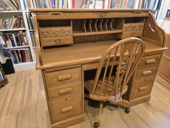 Solid Oak Roll Top Desk with Chair