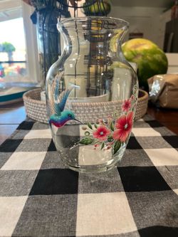 Floral and hummingbird glass vase