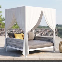 68” White Metal Framed Outdoor Daybed w/ Canopy (Gray Cushions) [NEW IN BOX] **Retails for $1000 <Assembly Required> 