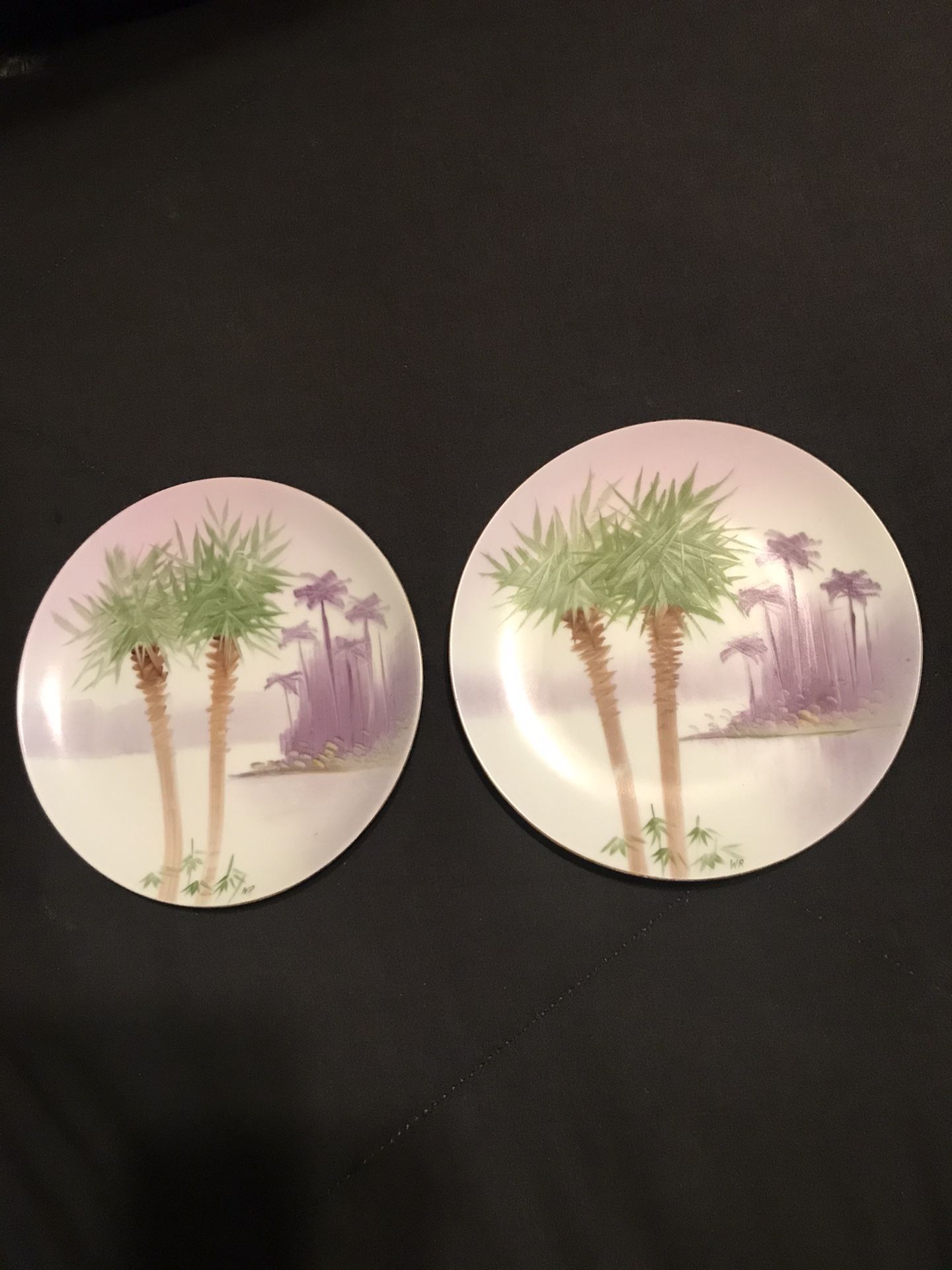 2 Bavaria Plates 1900 Gold Trim Marked WR Palm Trees by JH Stouffer Hand Painted