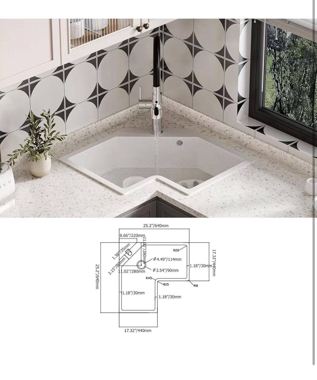 26.77 Inch White Undermount Corner Kitchen Sink – Irregular Quartz Single  Bowl Sink with Advanced Noise Reduction