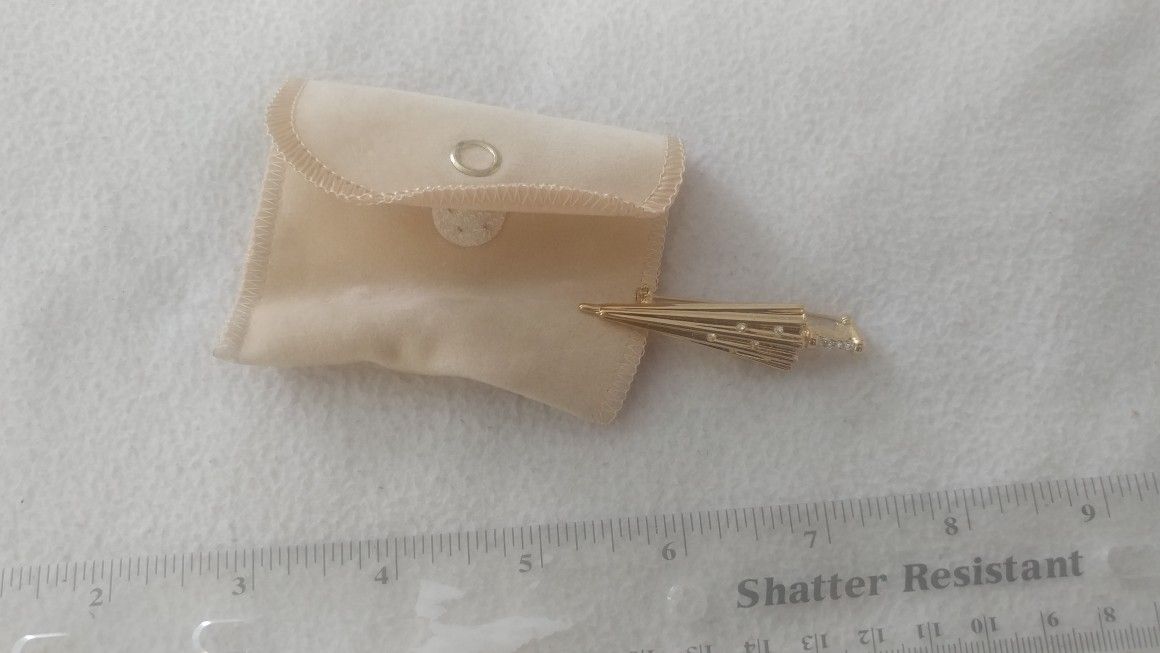 Gold crystal brooch with case umbrella pin stamped keyes