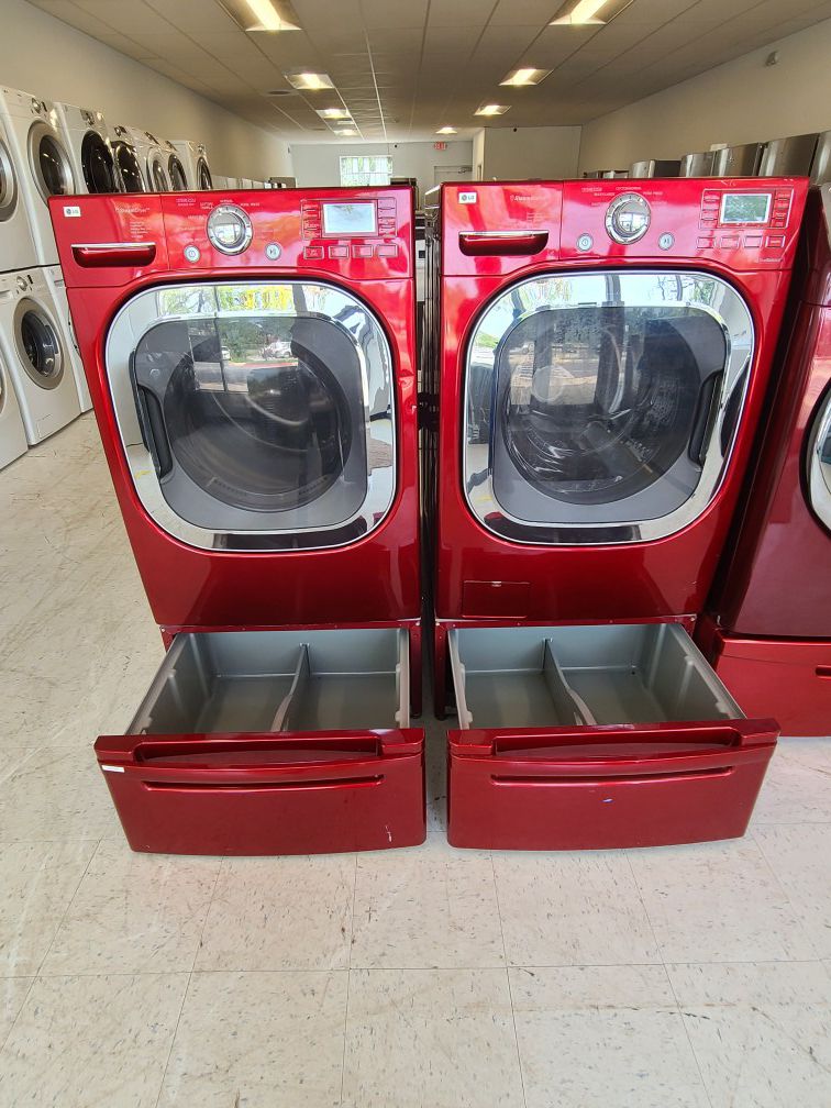 Lg front load washer and electric dryer set with pedestal used in good condition with 90 days warranty
