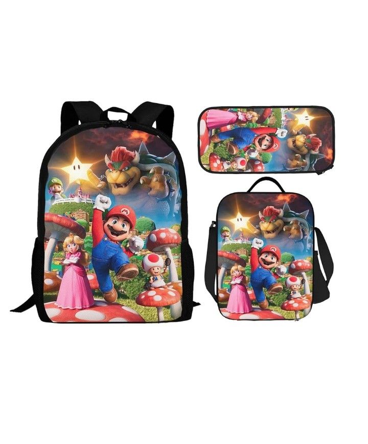 Super Cute Bros. Pencil Case Backpack Lunch Bag 3-Piece Set Cartoon Backpack
