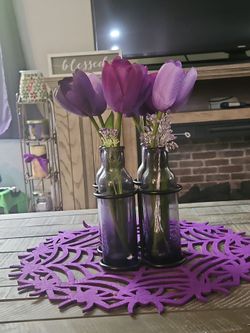 5 piece purple glass vase display set. The vases are approximately 6 inches tall. No cracks!