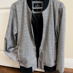 Hollister men's full-zip lined bomber jacket with a gray plaid pattern