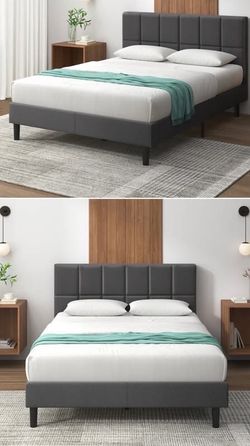 Gray Queen Upholstered Platform Bed Frame + 10” Hybrid Memory Foam Mattress