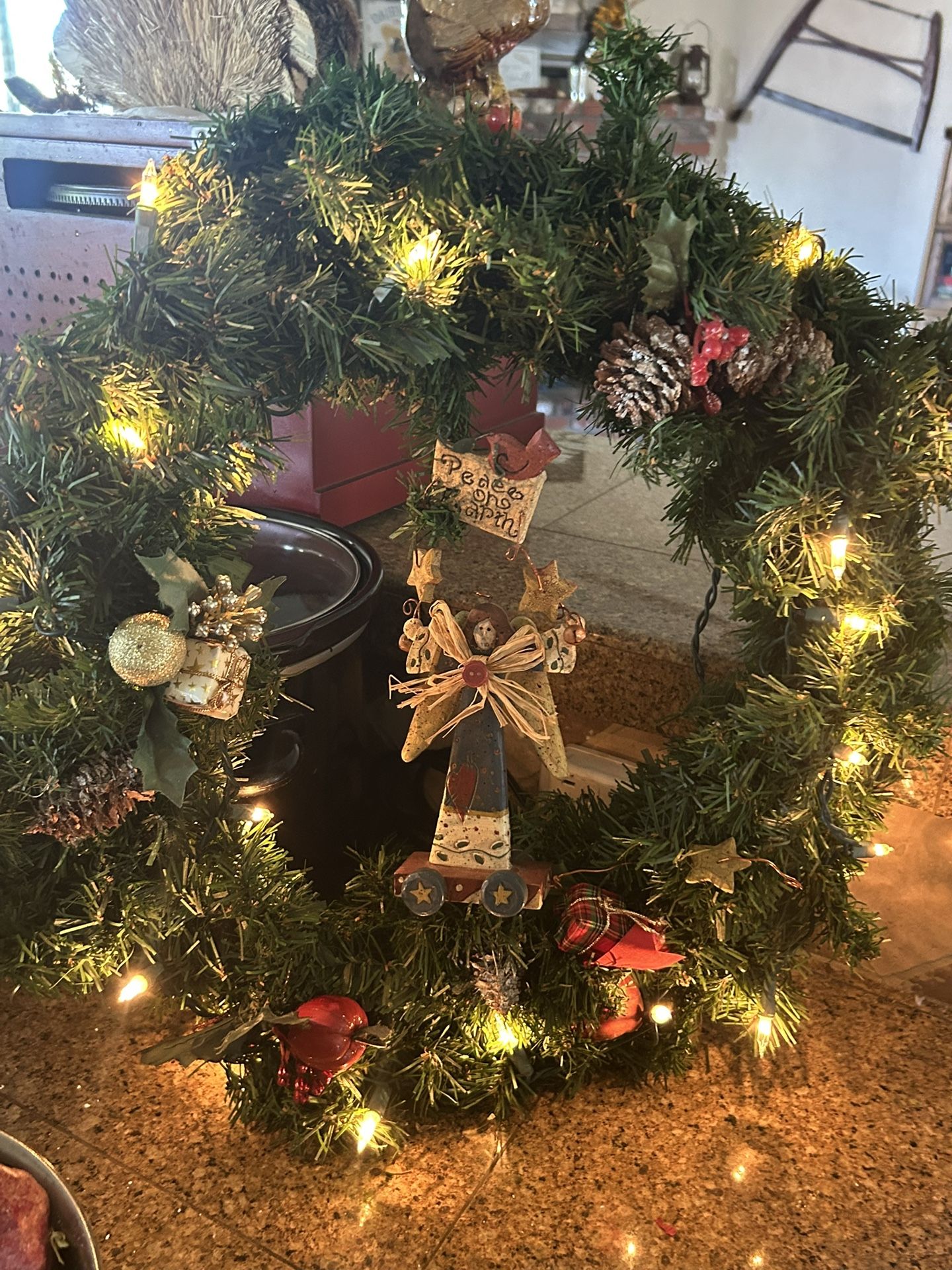 Christmas wreath, handmade angel peace on earth lights up live by Oak Hills high school