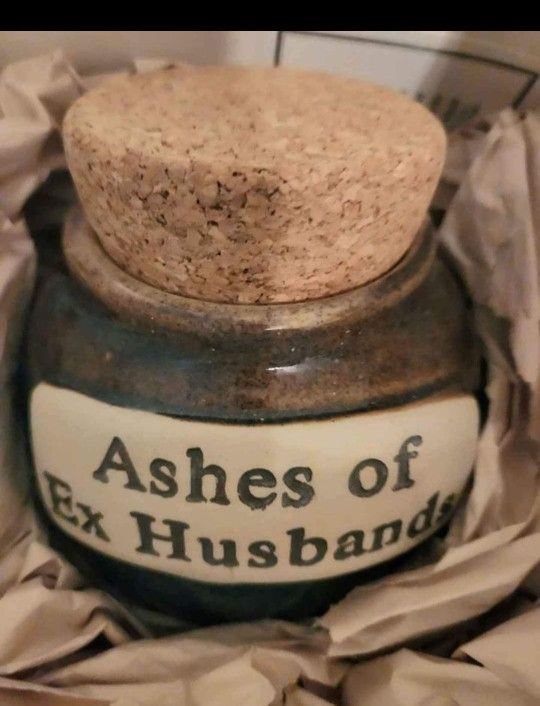 TUMBLEWEED POTTERY Cork Lid, ASHES OF EX HUSBANDS ceramic type jar Never used.