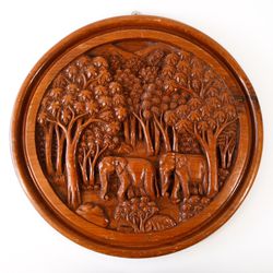 15" Wooden Elephant Animal Wall Hanging Decor Wood Carving Sculpture Art