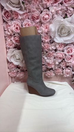 Gray Suede Knee-High Wedge Boots