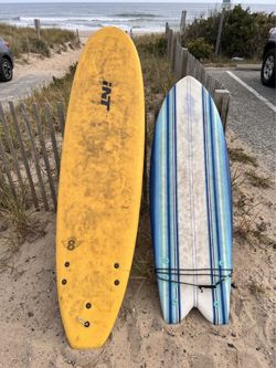 2 Soft Top Surfboards: 8ft INT Longboard & 5'8 Wavestorm Fish