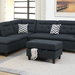 Brand New Black Sectional Sofa w Storage Ottoman 