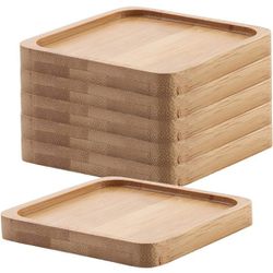 3.75 Inch Planter Pot Bamboo Saucer Square (2-Sets of 6 - 12 Total), Succulent Pot Holder Drainage Tray for Small Ceramic Planters