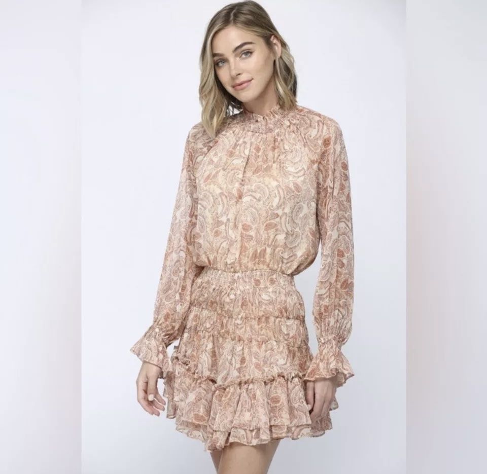 FATE Small Orange Peach Tan Paisley Print Boho Smocked Ruffle Long Sleeve Lined Mini Dress