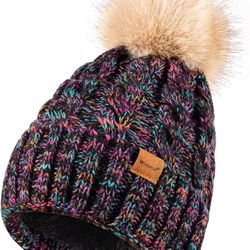 Winter Hats for Women with Pom Pom, Womens Beanie Fleece Lined for Cold Weather, Multicolor Ski Skull Cap for Ladies