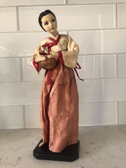 Vintage Asian Girl Doll /figurine Silk Dress Has Watermark On it But She Is Beautiful