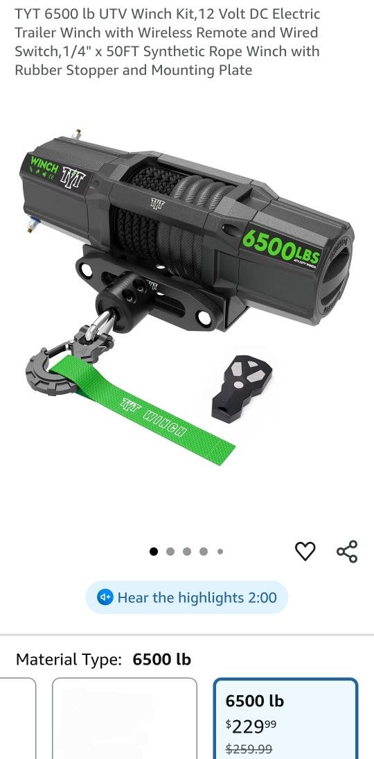 6500 lb UTV Winch Kit,12 Volt DC Electric Trailer Winch with Wireless Remote and Wired Switch,1/4" x 50FT Synthetic Rope Winch with Rubber Stopper and