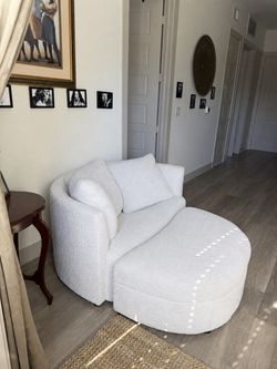 OVERSIZED WHITE BOUCLÉ CHAIR WITH STORAGE OTTOMAN – $300 OBO