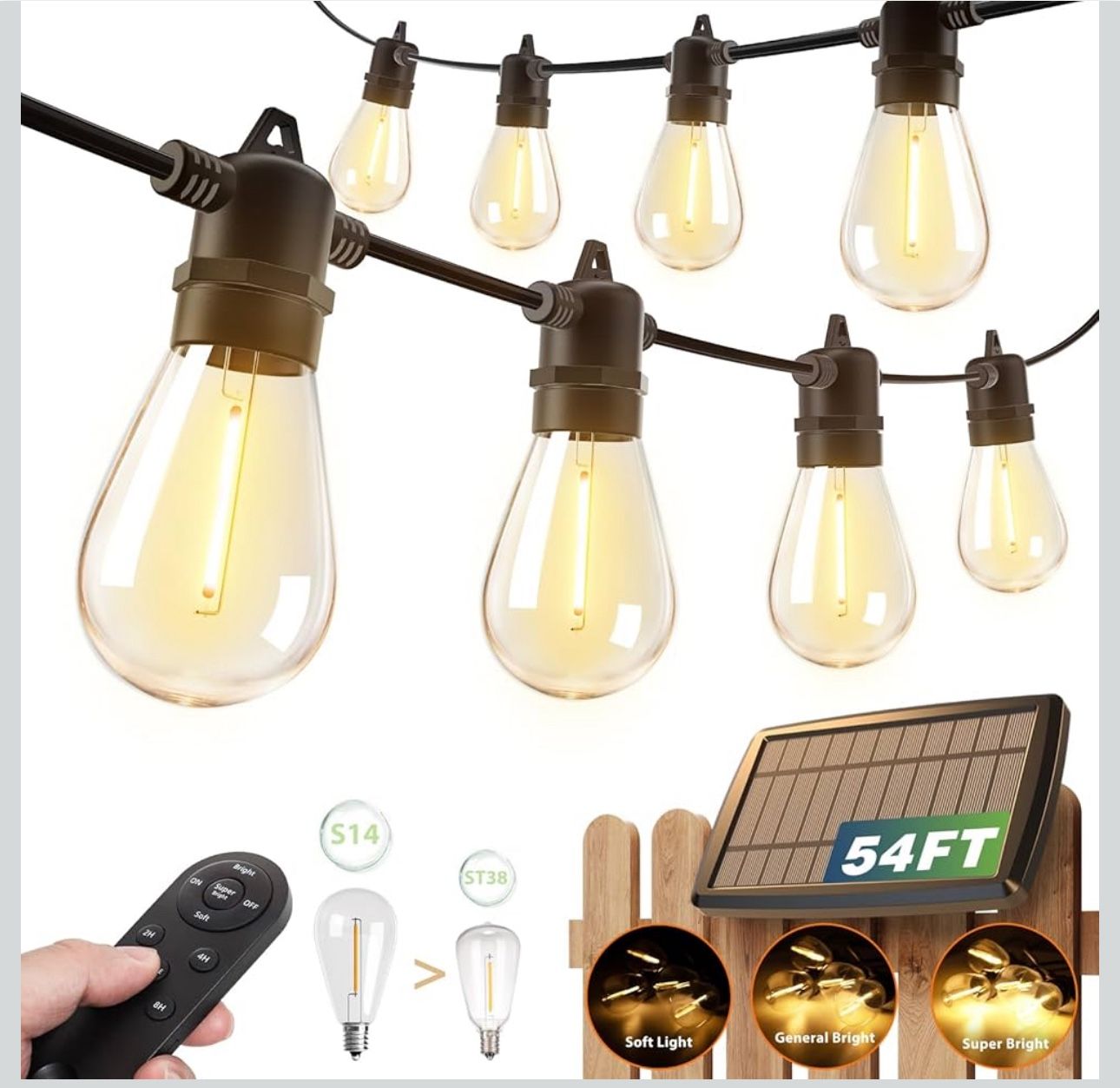 addlon 54FT(48+6) Solar String Lights Outdoor Waterproof with USB Charging & Remote Control - Dimmable Solar Power Patio Lights with LED Bulbs for Por