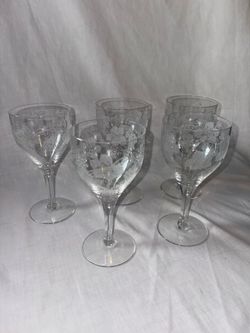 Vintage Fostoria "New Vintage Grape" Etched Crystal Wine Glasses – Set of 4 + 1 Bonus Glass