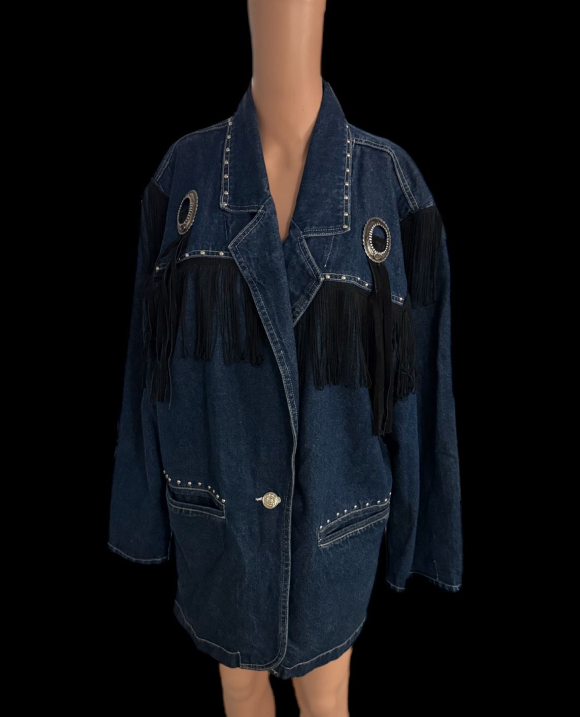 Next move Embellished Denim Jacket Studded Fringe Distressed Jean Jacket L