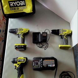 Ryobi Cordless Drill Set - Impact Drill + 2 Drill/Drivers + Batteries + Chargers + Bag