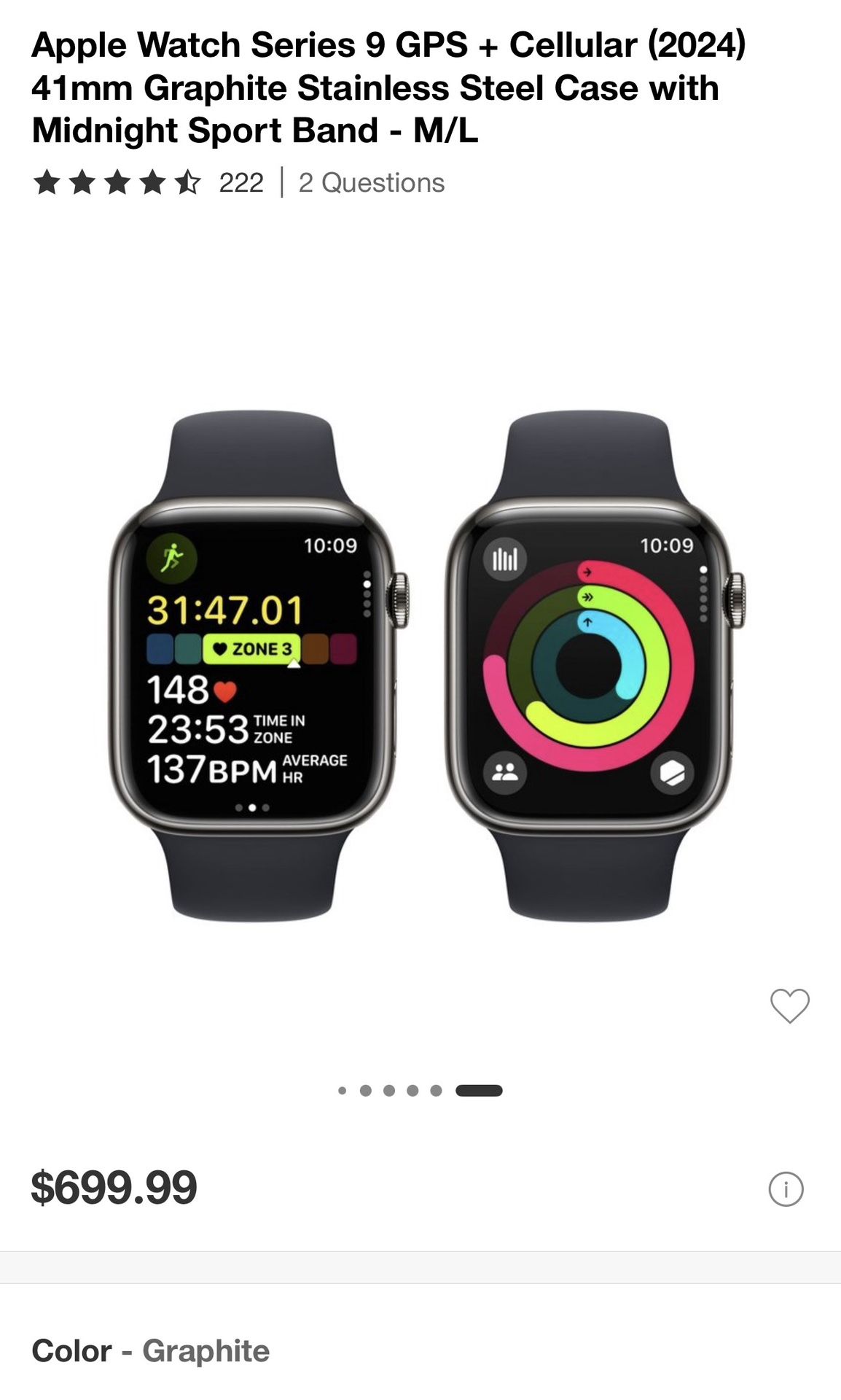 Apple Watch Series 9 GPS + Cellular (41mm, Graphite Stainless Steel, Midnight Sports band)