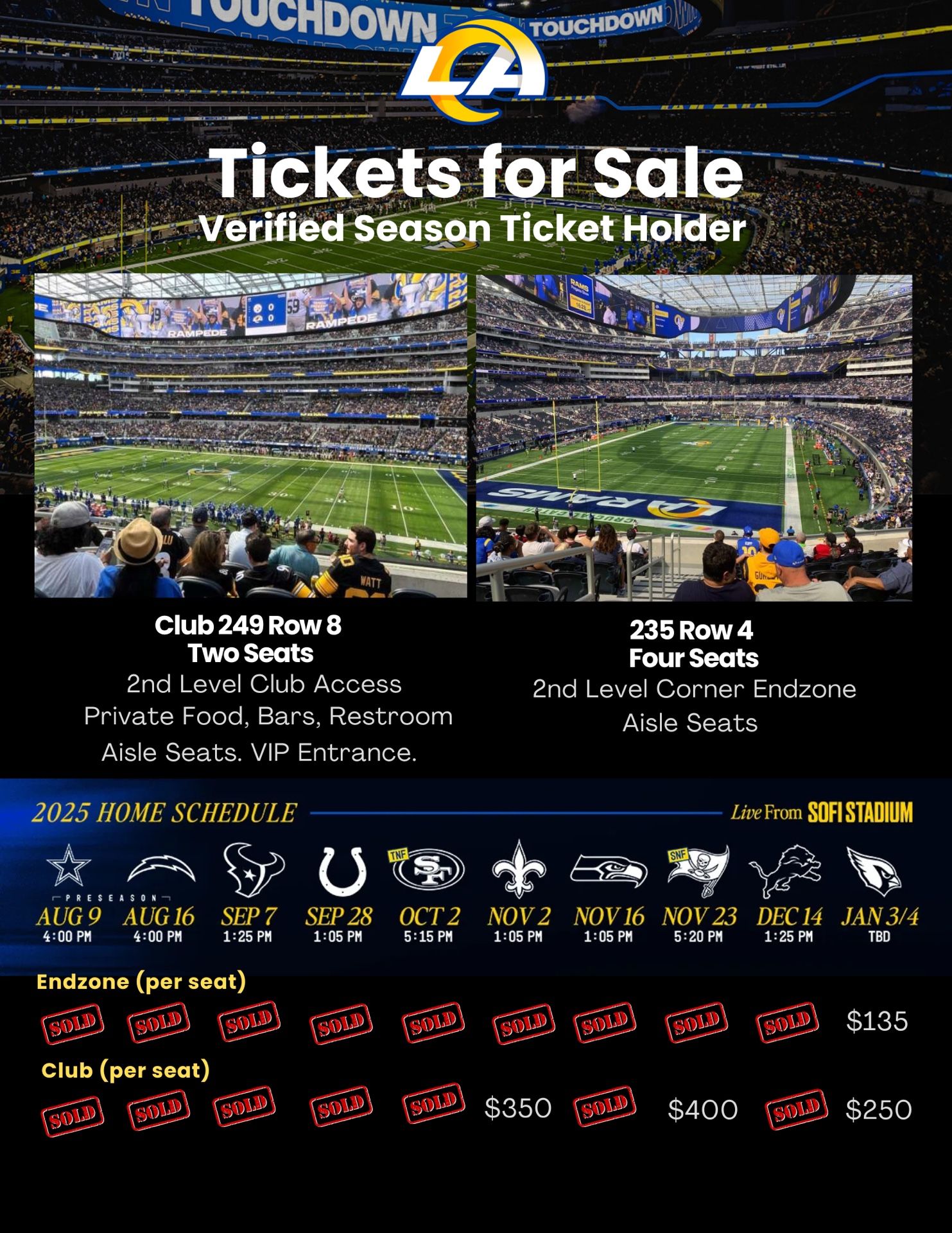 LA Rams v New Orleans Saints Club Tickets Aisle Seats