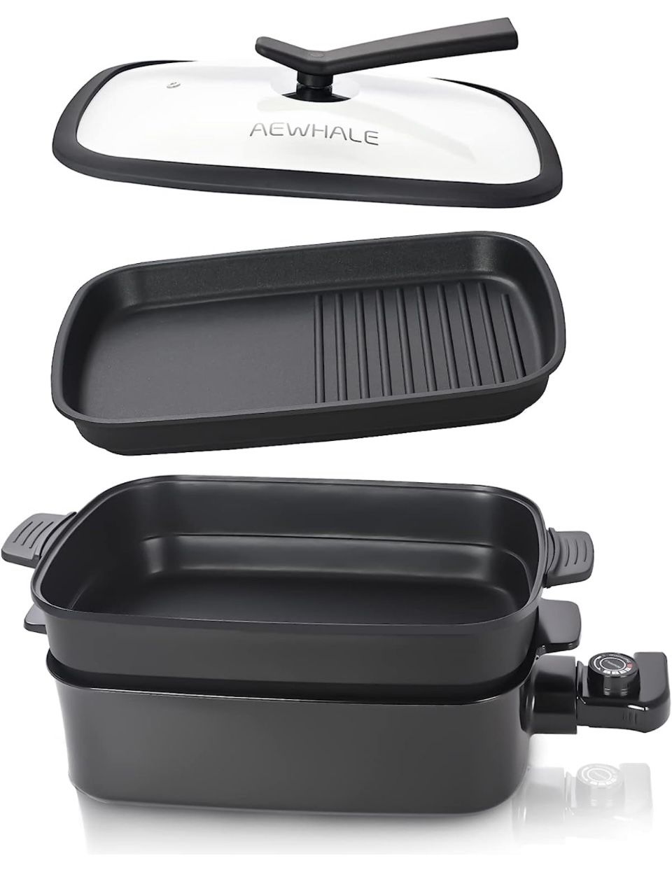 AEWHALE 2 in 1 Multifunctional Electric GrillIndoor Smokeless Electric Griddle Electric Skillet with Removable Non Stick Plate+Pot+Lid1400W Adjustab