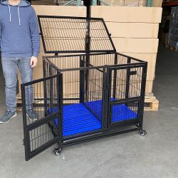 New $160 Folding Dog Cage 37x25x33” Heavy Duty Double-Door Kennel w/ Divider, Plastic Tray 