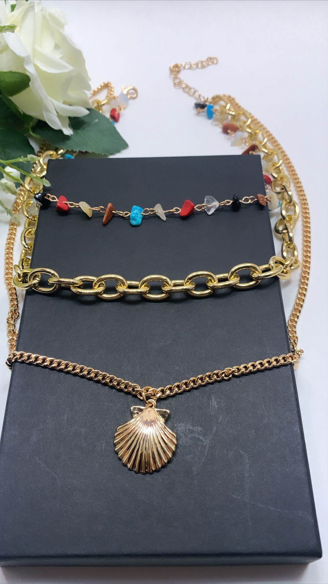 Bohemian Gold Plated Shell Charms Three Multi-layer Necklace Set