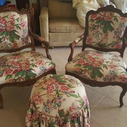 Antique Floral Pattern Chairs And Foot Stools
