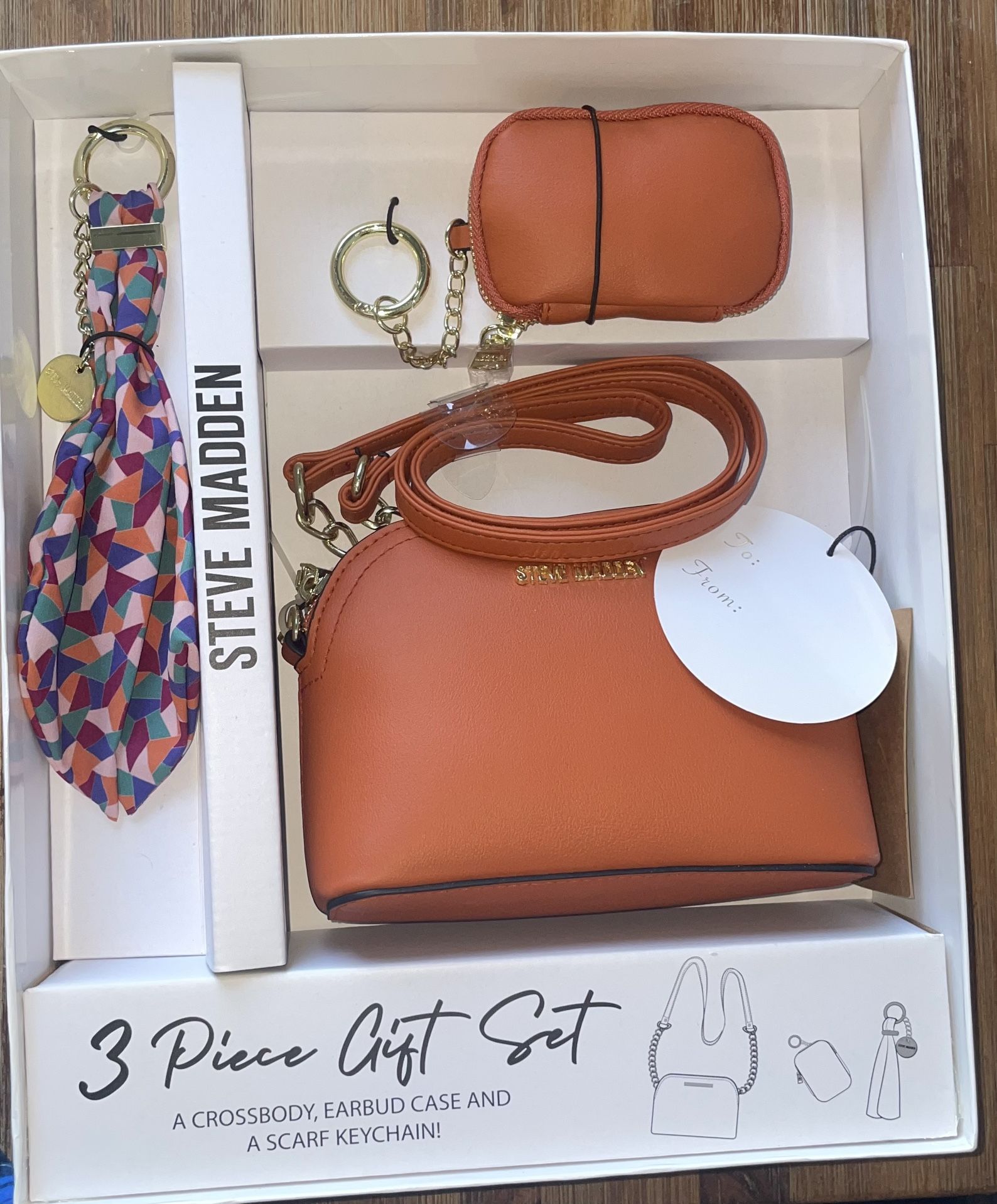 Steve Madden 3 Piece Set (Crossbody , Earbud Case and a Scarf Keychain )