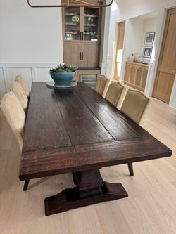 Restoration Hardware 108” salvaged wood trestle table with 10 pottery barn chairs