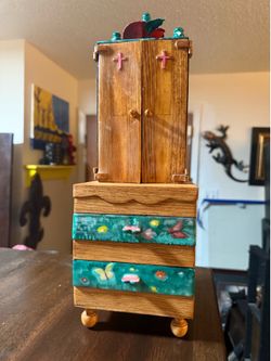 Hand-Painted Wooden Jewelry Box (Armoire Style)– Folk Art Floral & Cross Accents