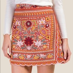 Blue Rain Embroidered Mini Skirt Rust Size M