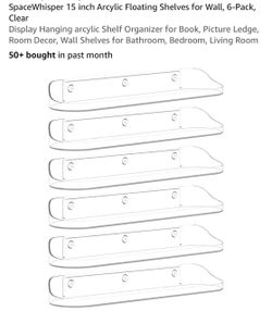 SpaceWhisper 15-Inch Clear Acrylic Floating Shelves 6-Pack