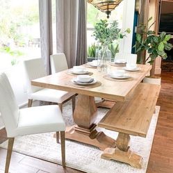 Custom  Dining Table Monastery farmhouse Modern Rustic Set Bench Restoration Hardware Breakfast Oval Table Solid Wood Custom Handcrafted Counter Bar 