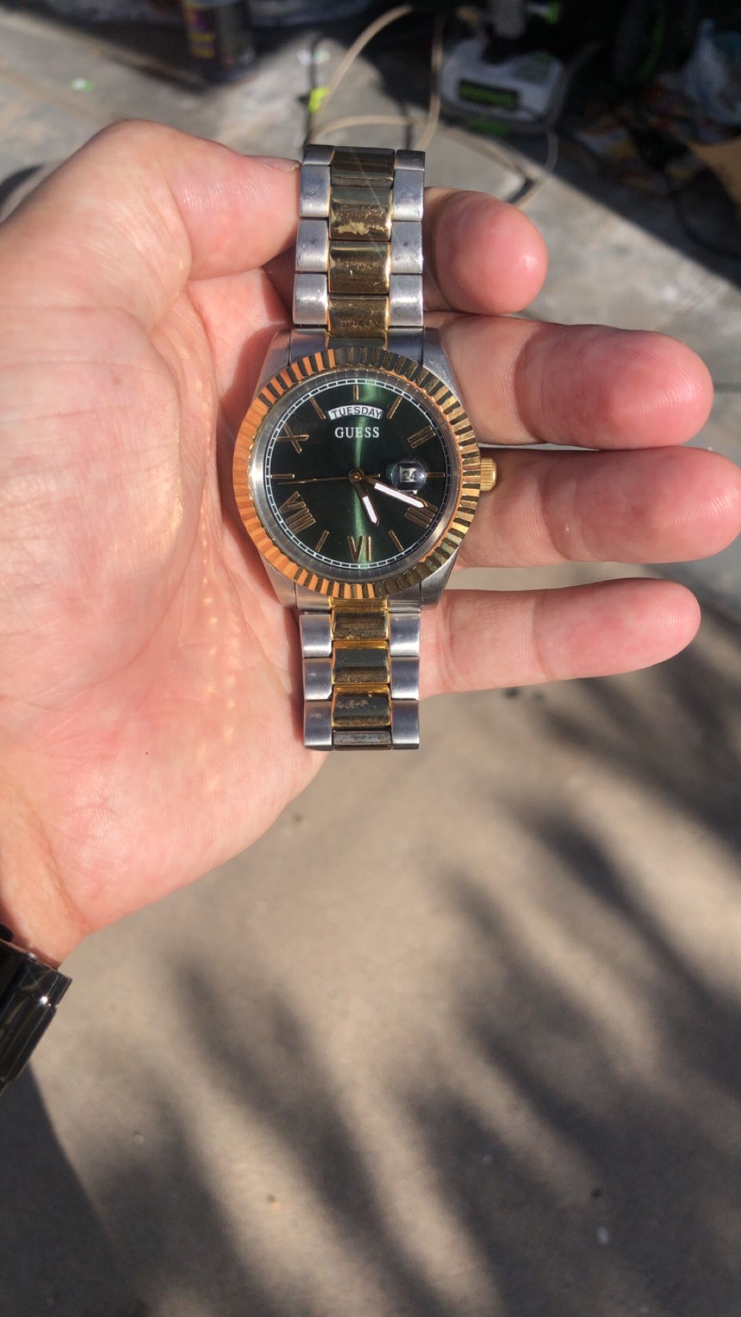 GUESS 2-Tone Day/Date Watch - GREEN DIAL