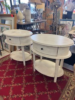 Pair of Oval White Distressed End Tables