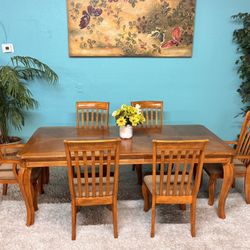 Nice Large Solid Wood Dining Room Table Set With Leaf & 6 Chairs
