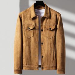 Cognac Faux Suede Trucker Jacket