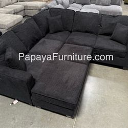 New 113” Sectional Sofa And Ottoman, Sectional Couch, Black Couch, Chenille Black Couch, Sofa, Reversible Sectional Chaise, Plush Sofa With USB Ports