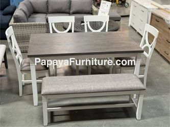 6 Piece Dining Room Table and Chair Bench Set Grey White Wood Finish BIG SALE Casual Furniture Kitchen Discount Clearance Country Cottage Contemporary