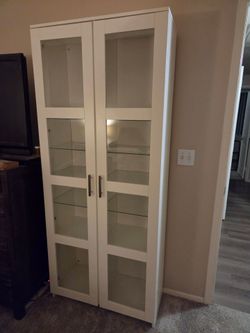 Tall White Glass Door Display Cabinet with Glass Shelves